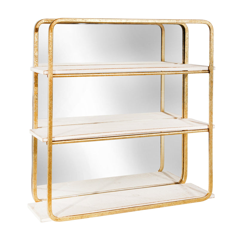 Metal / Wood 3 Tier Wall Shelfw/ Mirror, White