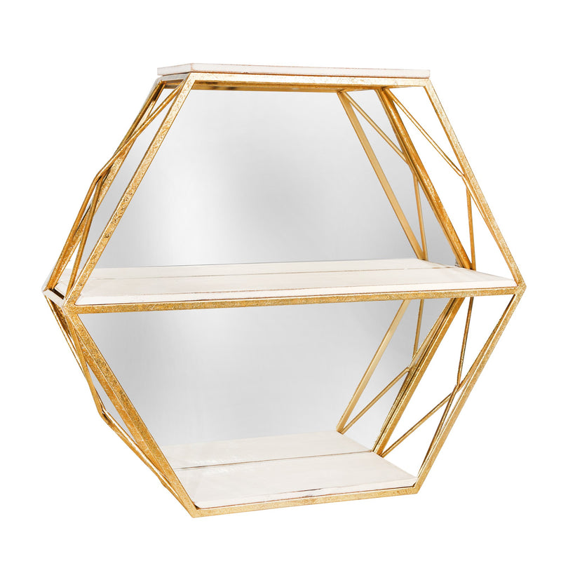 Metal / Wood 3 Tier Hexagon Wall Shelf W/ Mirror, White
