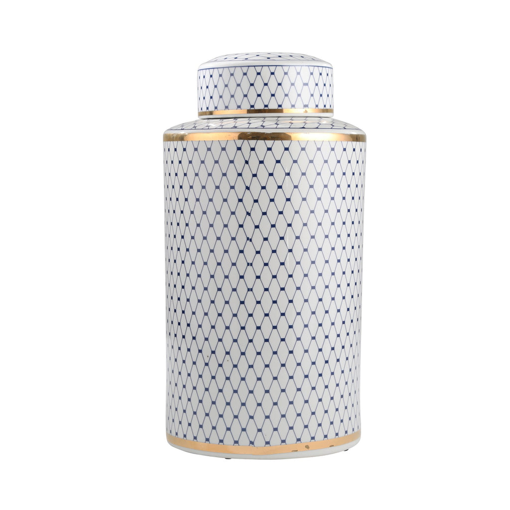 White/Blue Jar W/ Gold Trim 15.5"