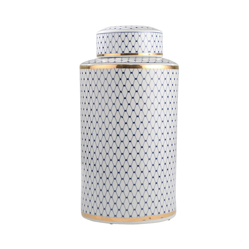 White/Blue Jar W/ Gold Trim 15.5"