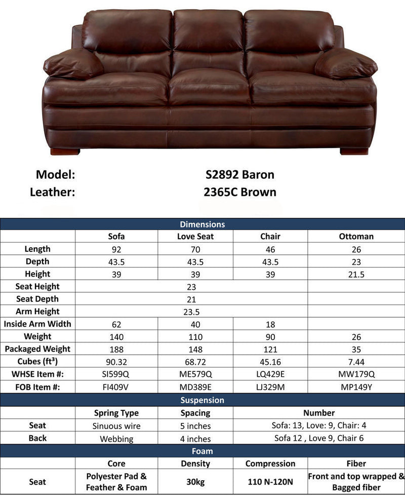 S2892 Baron 2365C Brown Top Grain Leather Furniture - RauFurniture.com