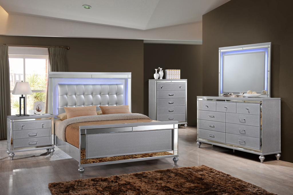B9698 Valentino Silver Lighted Bedroom - ReeceFurniture.com